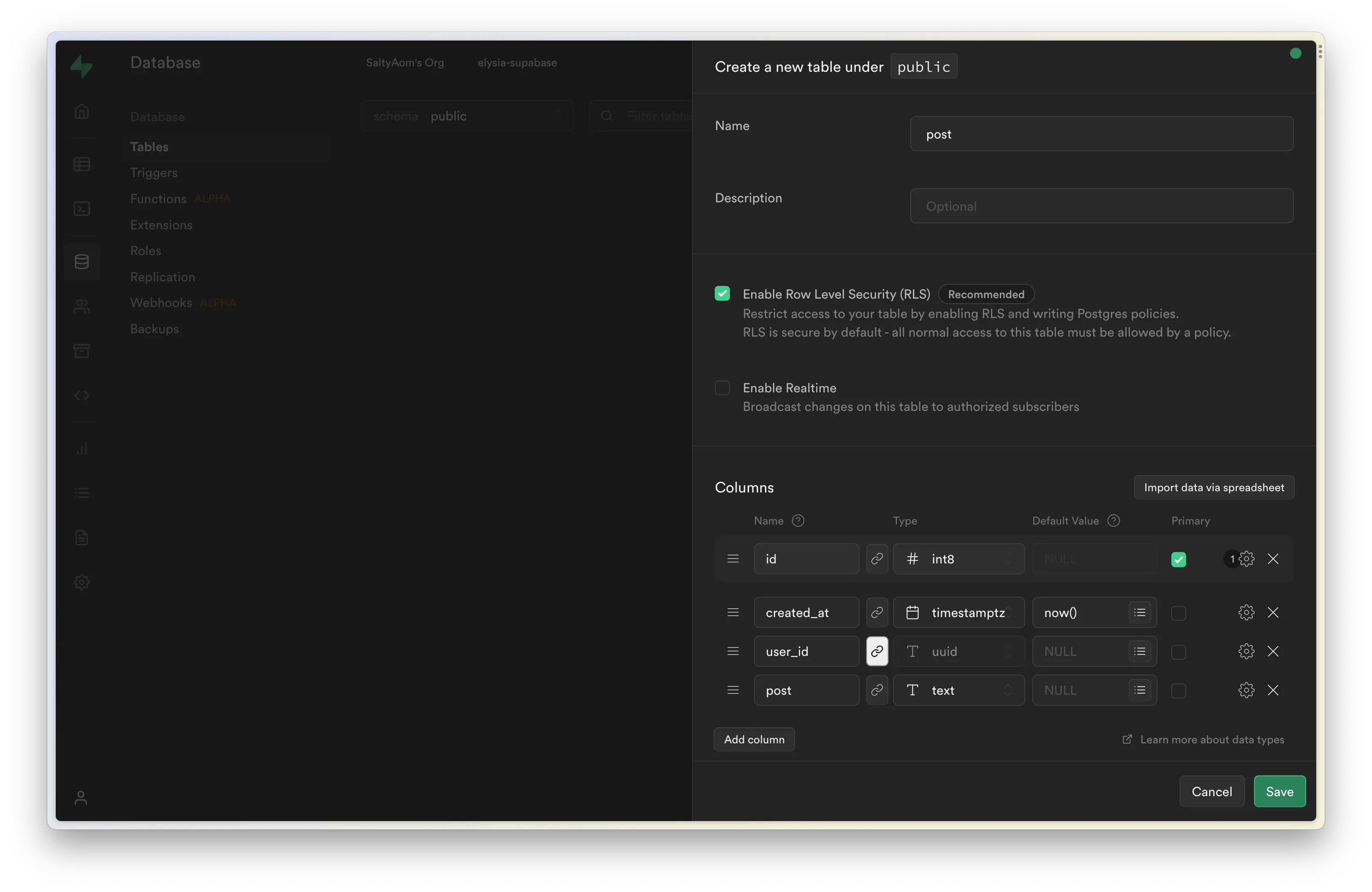 使用 Supabase UI 创建表，在 public 表中名为 'post'，列包括 'id' 类型为 'int8' 作为主键，'created_at' 类型为 'timestamp' 默认值为 'now()'，'user_id' 链接到 Supabase 的用户 schema 作为 'user.id'，'post' 类型为 'text'